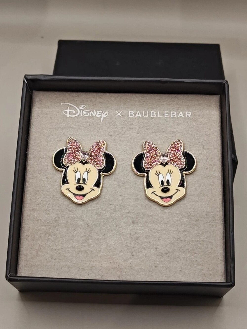Disney Baublebear Minnie Mouse Enamel Pierced Earrings Rhinstones Full Face NIB